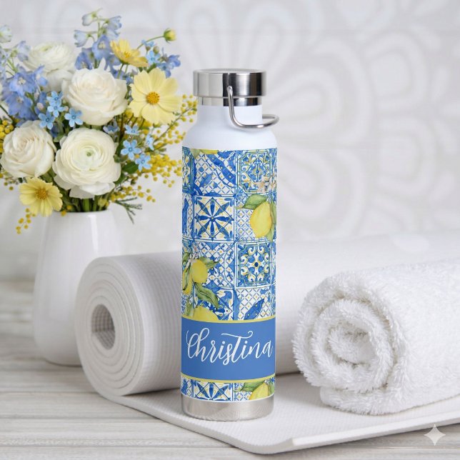 Blue Tile French Country Lemon Pattern Provencal Water Bottle (Creator Uploaded)