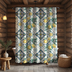 Blue Tile French Country Lemon Pattern Shower Curtain