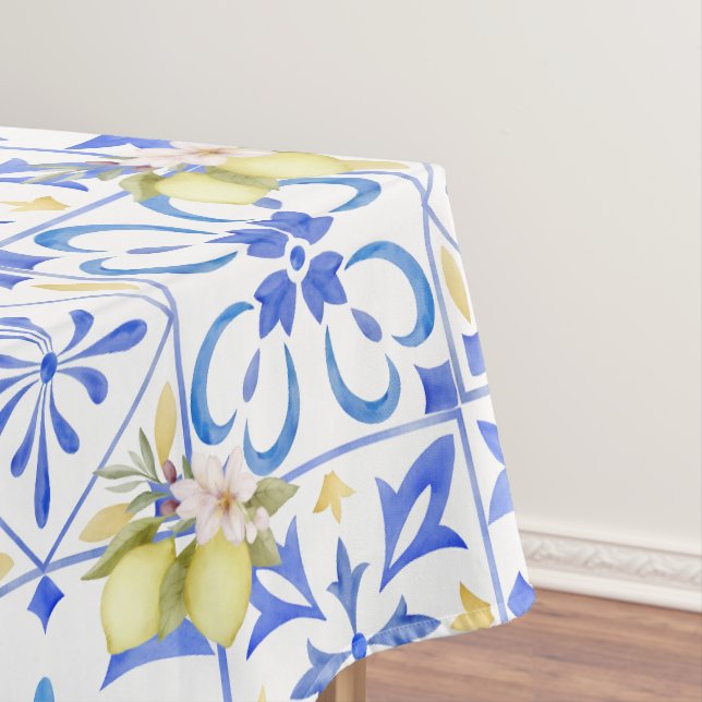 Blue Tile French Country Lemon Pattern Tablecloth (In Situ)
