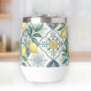 Blue Tile French Country Lemon Pattern Thermal Wine Tumbler
