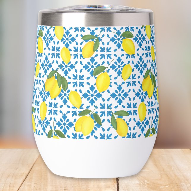 Blue Tile French Country Lemon Pattern Thermal Wine Tumbler (Creator Uploaded)