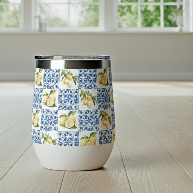 Blue Tile French Country Lemon Pattern Thermal Wine Tumbler (Creator Uploaded)