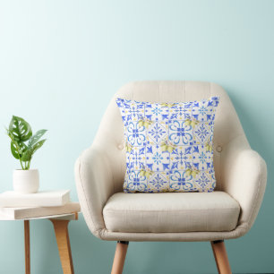 Blue Tile French Country Lemon Pattern Throw Pillow