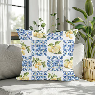 Blue Tile French Country Lemon Pattern Throw Pillow
