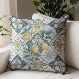 Blue Tile French Country Lemon Pattern Throw Pillow