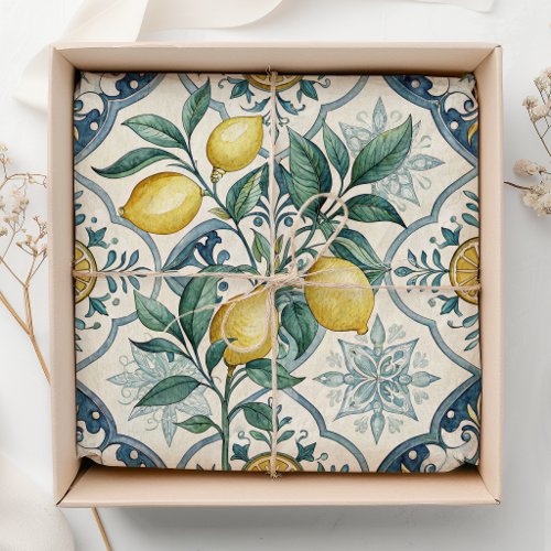 Blue Tile French Country Lemon Pattern Tissue Paper