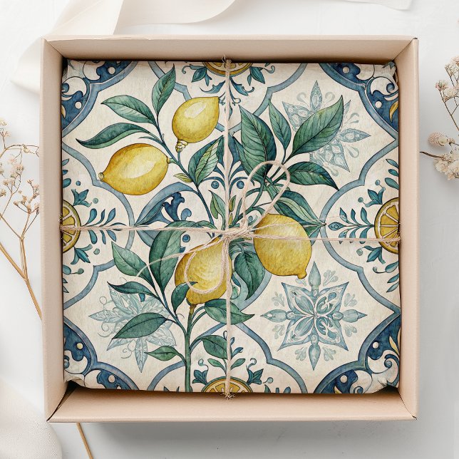 Blue Tile French Country Lemon Pattern Tissue Paper (Creator Uploaded)