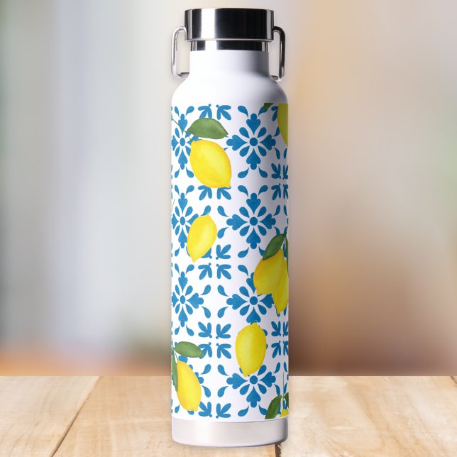 Blue Tile French Country Lemon Pattern Water Bottle (Creator Uploaded)