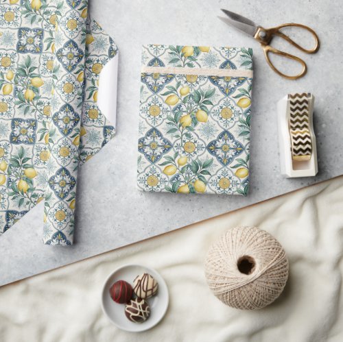 Blue Tile French Country Lemon Pattern Wrapping Paper