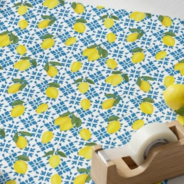 Blue Tile French Country Lemon Pattern Wrapping Paper (Creator Uploaded)