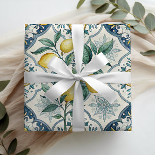 Blue Tile French Country Lemon Pattern Wrapping Paper