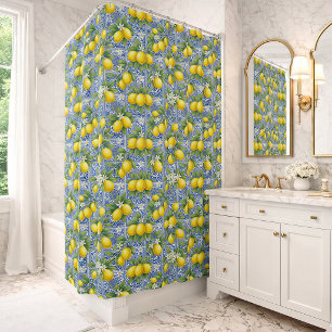 Blue Tile French Country Lemon Watercolor Pattern Shower Curtain