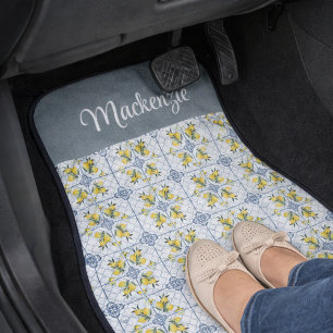 Blue Tile French Country Watercolor Lemon Name Car Floor Mat