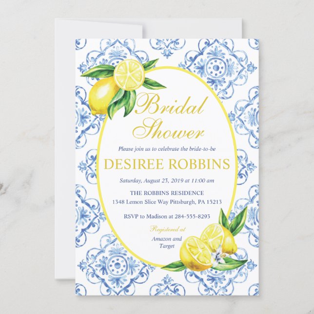 Blue Tile Italian Floral Lemon Bridal Shower Invitation (Front)
