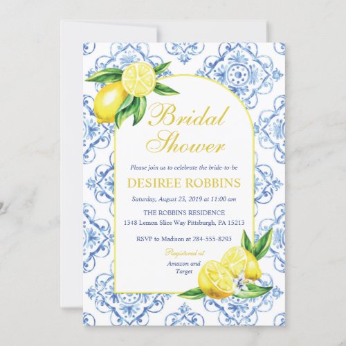 Blue Tile Italian Floral Lemon Bridal Shower Invitation