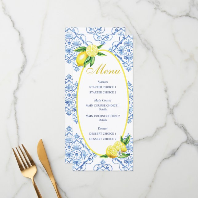 Blue Tile Italian Floral Lemon Dinner  Menu (Front/Back In Situ)