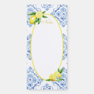 Blue Tile Italian Floral Lemon  Magnetic Notepad