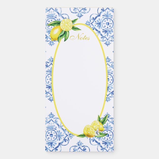 Blue Tile Italian Floral Lemon  Magnetic Notepad (Front)