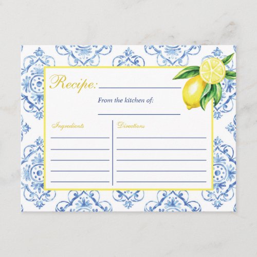 Blue Tile Italian Floral Lemon Recipe Card