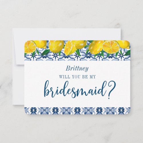 Blue Tile Italian Lemon Bridesmaid Proposal Card
