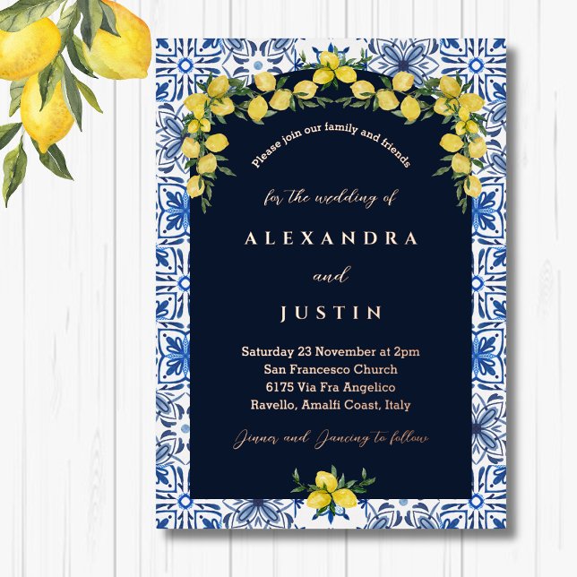 Blue Tile Italian Lemon Mediterranean Wedding Foil Invitation (Creator Uploaded)