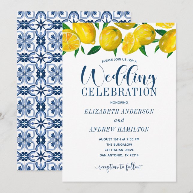 Blue Tile Italian Lemon Wedding Invitation (Front/Back)