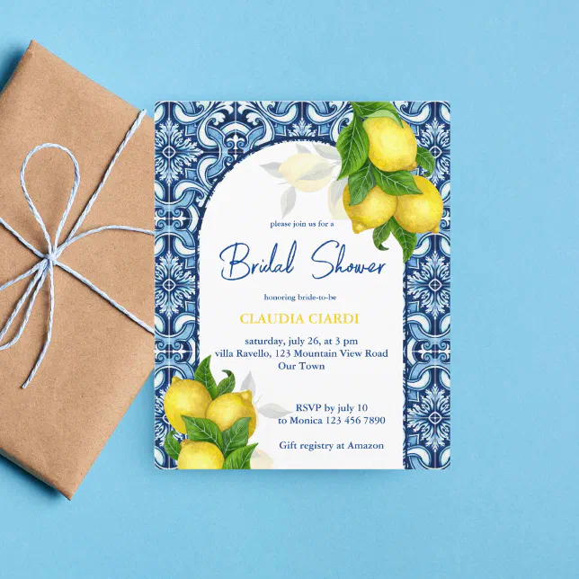 Blue tile lemon Amalfi budget bridal shower invite | Zazzle