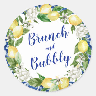 Blue Tile Lemon Bridal Brunch Bubbly Classic Round Sticker