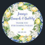 Blue Tile Lemon Bridal Brunch Bubbly Classic Round Sticker<br><div class="desc">Designed to coordinate with the Jenny's Lemon Collection, this bridal brunch and bubbly sticker features a yellow lemon and white floral wreath. There is a hint of the blue tiles around the edge of the round sticker. The bride's name and bridal luncheon is written in a modern and trendy script...</div>