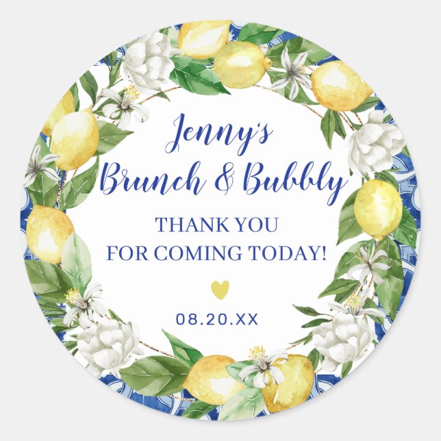 Blue Tile Lemon Bridal Brunch Bubbly Classic Round Sticker (Front)