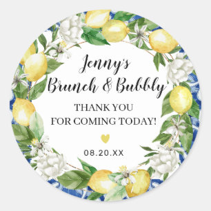 Blue Tile Lemon Bridal Brunch Bubbly Classic Round Sticker