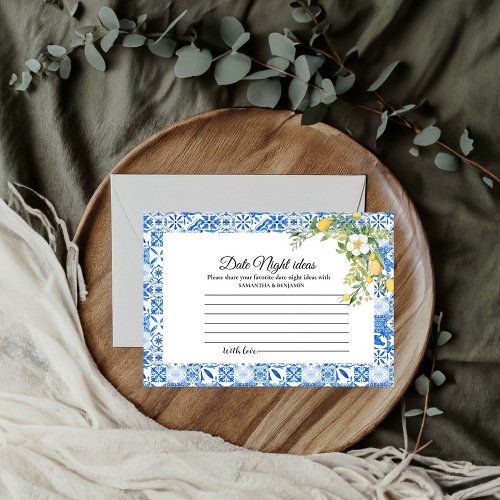 Blue tile Lemon  bridal shower date night Enclosure Card