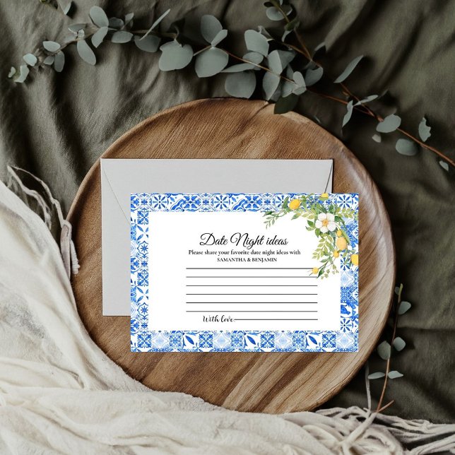 Blue tile Lemon  bridal shower date night Enclosure Card (Creator Uploaded)