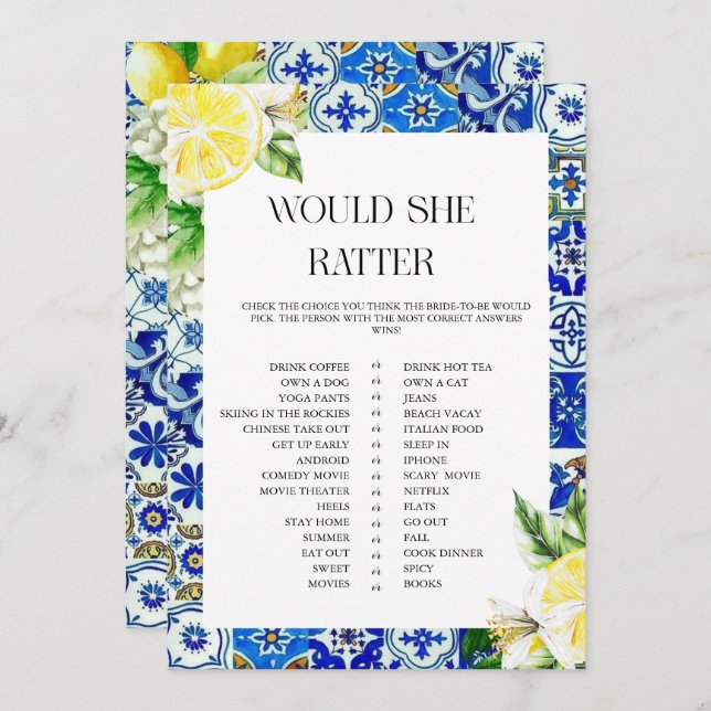 Blue Tile Lemon Bridal Shower  game Invitation (Front/Back)