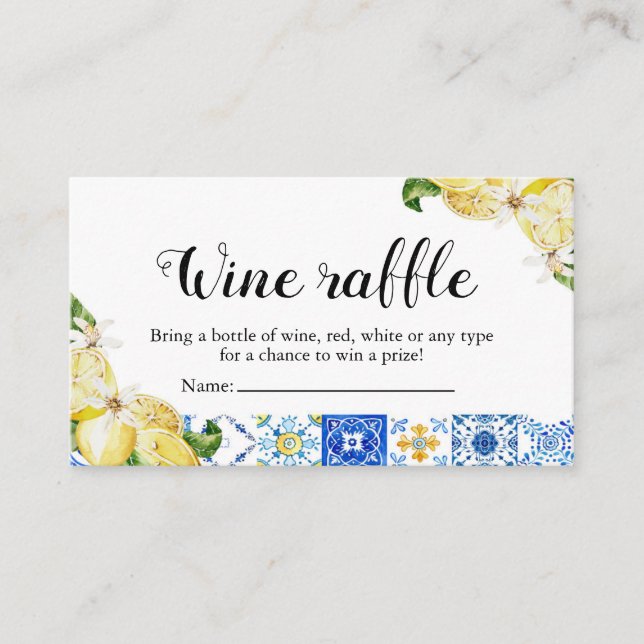 Blue Tile Lemon Bridal Shower Wine Raffle Game Place Card (Front)