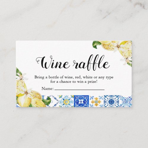 Blue Tile Lemon Bridal Shower Wine Raffle Game Place Card