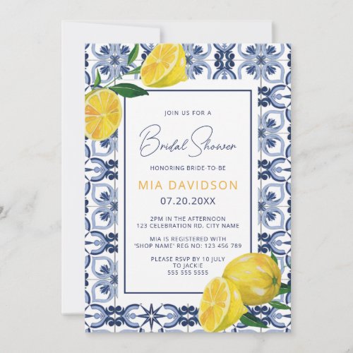 Blue Tile  Lemon Citrus Summer Bridal Shower Invitation