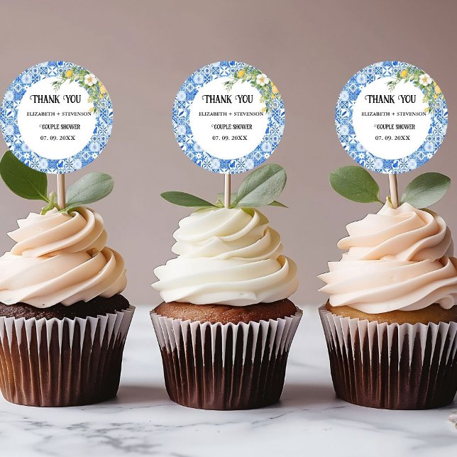 Blue tile Lemon couple shower  Classic Round Sticker (Creator Uploaded)