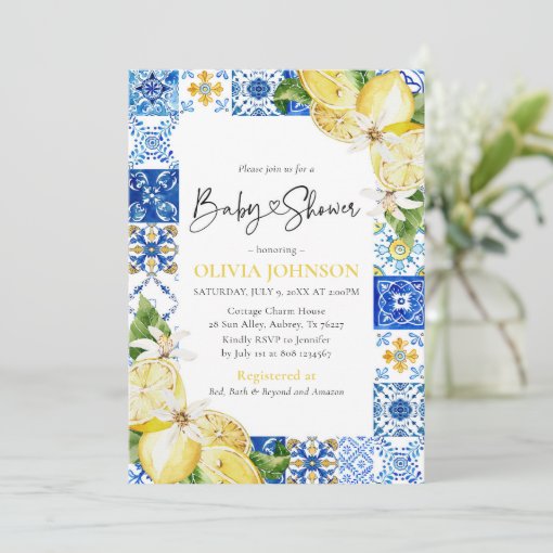 Blue Tile Lemon Italian Baby Shower Invitation | Zazzle