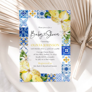 Blue Tile Lemon Italian Baby Shower Invitation by OhiaLehuaStore at Zazzle