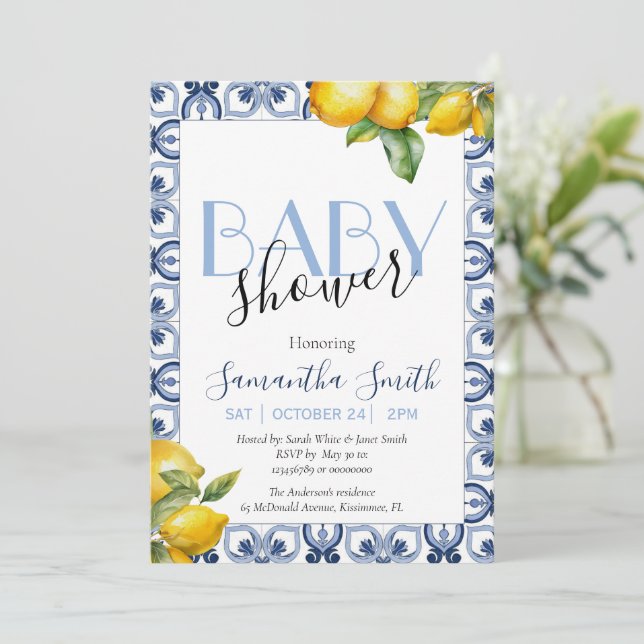 Blue Tile Lemon Italian Baby Shower Invitation (Standing Front)