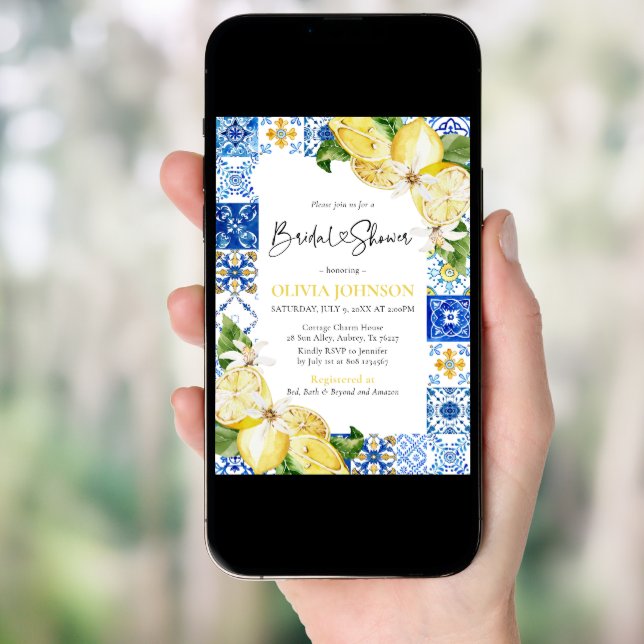 Blue Tile Lemon Italian Bridal Shower Invitation (Front Digital)