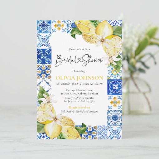 Blue Tile Lemon Italian Bridal Shower Invitation | Zazzle