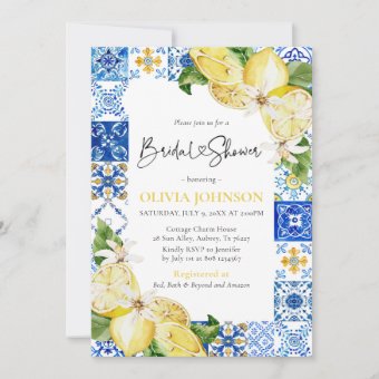 Blue Tile Lemon Italian Bridal Shower Invitation | Zazzle