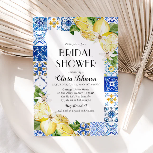 Blue Tile Lemon Italian Bridal Shower Invitation | Zazzle