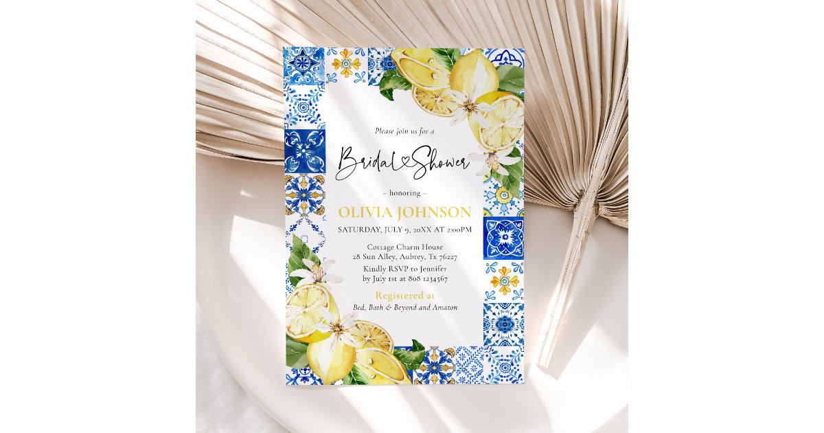 Blue Tile Lemon Italian Bridal Shower Invitation | Zazzle