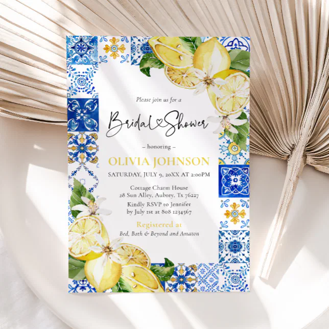 Blue Tile Lemon Italian Bridal Shower Invitation | Zazzle