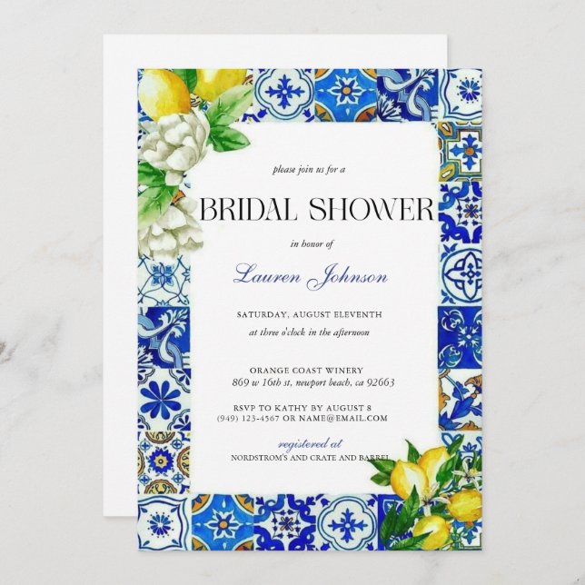 Blue Tile Lemon Italian Bridal Shower Invitation (Front/Back)