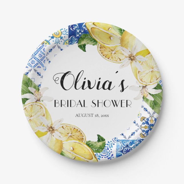 Blue Tile Lemon Italian Bridal Shower Paper Plate (Front)