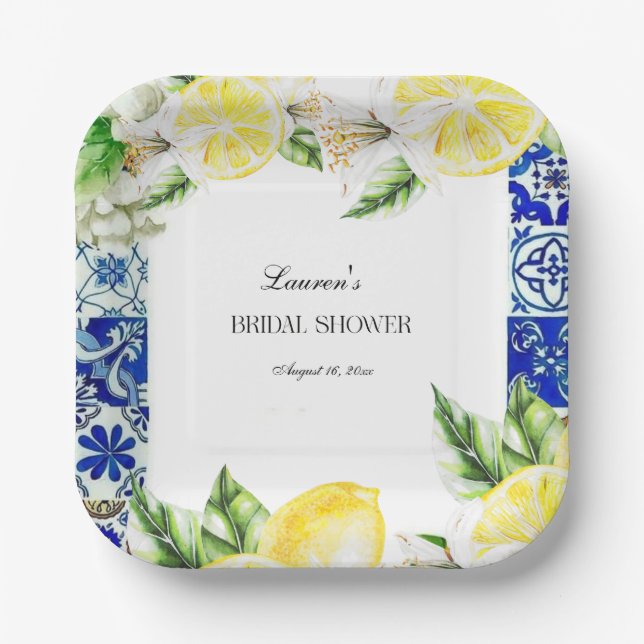 Blue Tile Lemon Italian Bridal Shower  Paper Plates (Front)